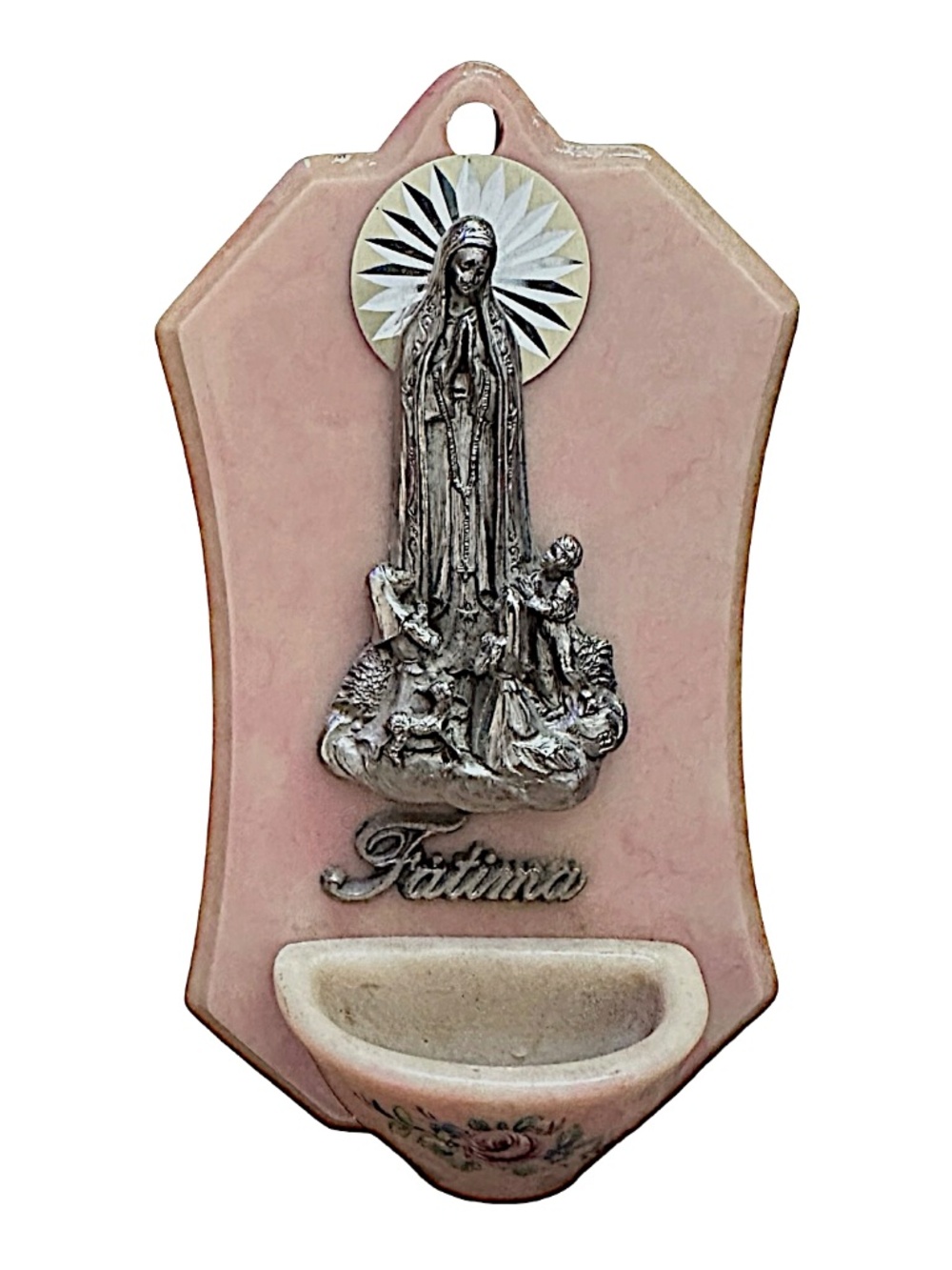 Vintage Devotional Holy Water Font Silver-Toned Metal Our Lady of Fatima Relief